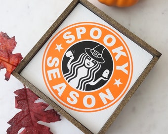 Spooky Season Sign Halloween, Coffee Bar decor, Tiered Tray Sign, Fall, Farmhouse, Starbucks sign, Small Wood Sign