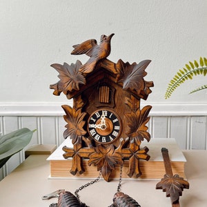 Vintage 1980s Hand-carved Leaf and Loon Style Cuckoo Clock, Made