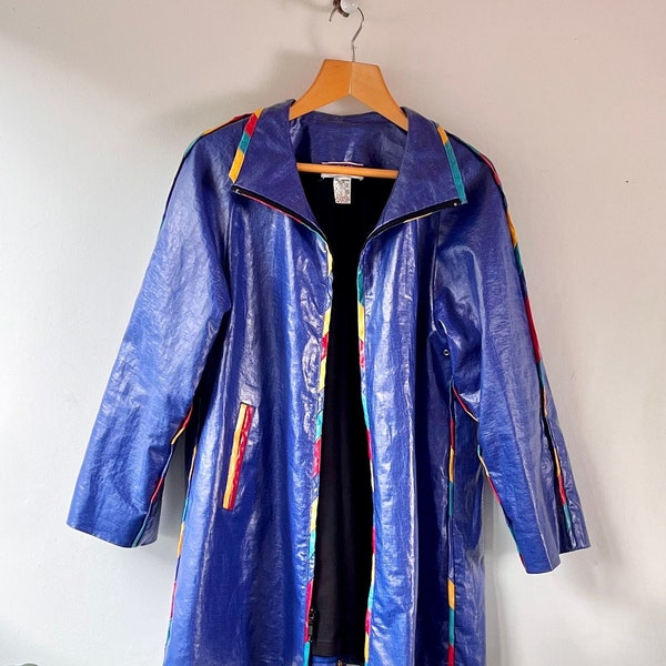 Vintage 1980s 'LIKE NEW' Mary Lou Ozbolt Storer Rain Coat, 80s Rain Jacket, Wearable Art Designer, Fibre Arts Seattle, Multicolor Trim
