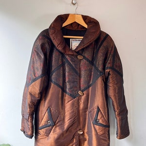 Vintage 1980s Long Winter Coat with 80s Flair & Design, ICE Brand, Zipper / Button Closures, Sheen Exterior that Catches Light, Boho Chic