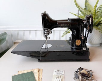 Vintage 1945 Singer Featherweight 221-1 Portable Electric Sewing Machine with Foot Pedal, Original Case, and Accessories - WORKS