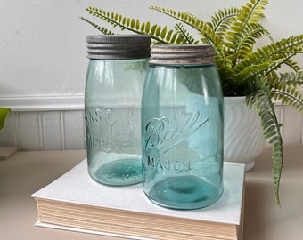 Vintage 1910s Aqua Blue Mason Jars with Lids, Ball Mason & Improved Mason, Antique Glass, Nice Bubbles and Embossing, Collectible Jars