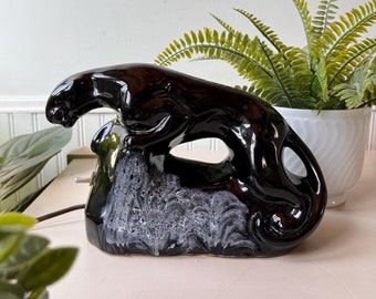 Vintage 1950s Black Panther Ceramic TV Lamp Figurine, MCM Mid Century Tabletop Lamp, Midcentury Modern Accent Desk Light, WORKS
