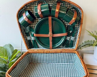 Vintage 1980s Wicker Picnic Basket with Plaid Lining and Dish Set, Leather Straps, Midcentury Woven Picnic Basket, MCM Outdoor Travel