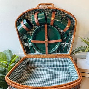 Vintage 1980s Wicker Picnic Basket with Plaid Lining and Dish Set, Leather Straps, Midcentury Woven Picnic Basket, MCM Outdoor Travel