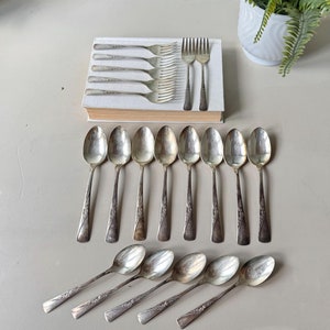 May include: A selection of vintage silverware, including forks, knives, and spoons, displayed on a light surface. The cutlery features a floral pattern on the handles. The spoons are arranged in two rows, with the forks and knives on a book.