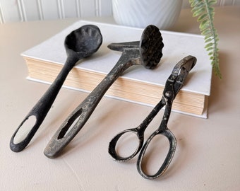 Vintage 1900s Primitive Kitchen Tools, Set of 3, Cast Iron Spoon