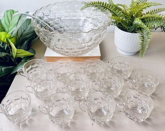 Vintage 1960s Federal Glass Yorktown Colonial Pattern Punch Bowl Set of 14, MCM Mid Century Pressed Glass Large Bowl, Midcentury Party Set