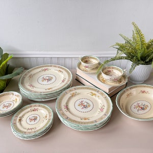 Vintage 1930s Royal Doulton Lillian (V1022) Bone China Set of 26, Green Trim, Antique Dinnerware