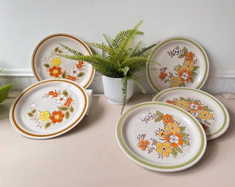 Vintage 1970s Floral Plate Sets, Country Spring Garden Set of 3, Trellis Blossom Mountain Wood Set of 2, Stoneware, 10.5" Dinner, Japan