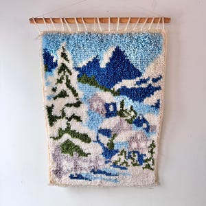 Vintage 1970s Latch Hook Alpine Wall Hanging, 26" x 19", MCM Mid Century Wool Rug Art, Handmade Mountain Landscape Tapestry, Cabin Decor