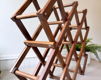 Vintage 1970s Wooden Expandable Wine Rack, MCM Mid Century Folding