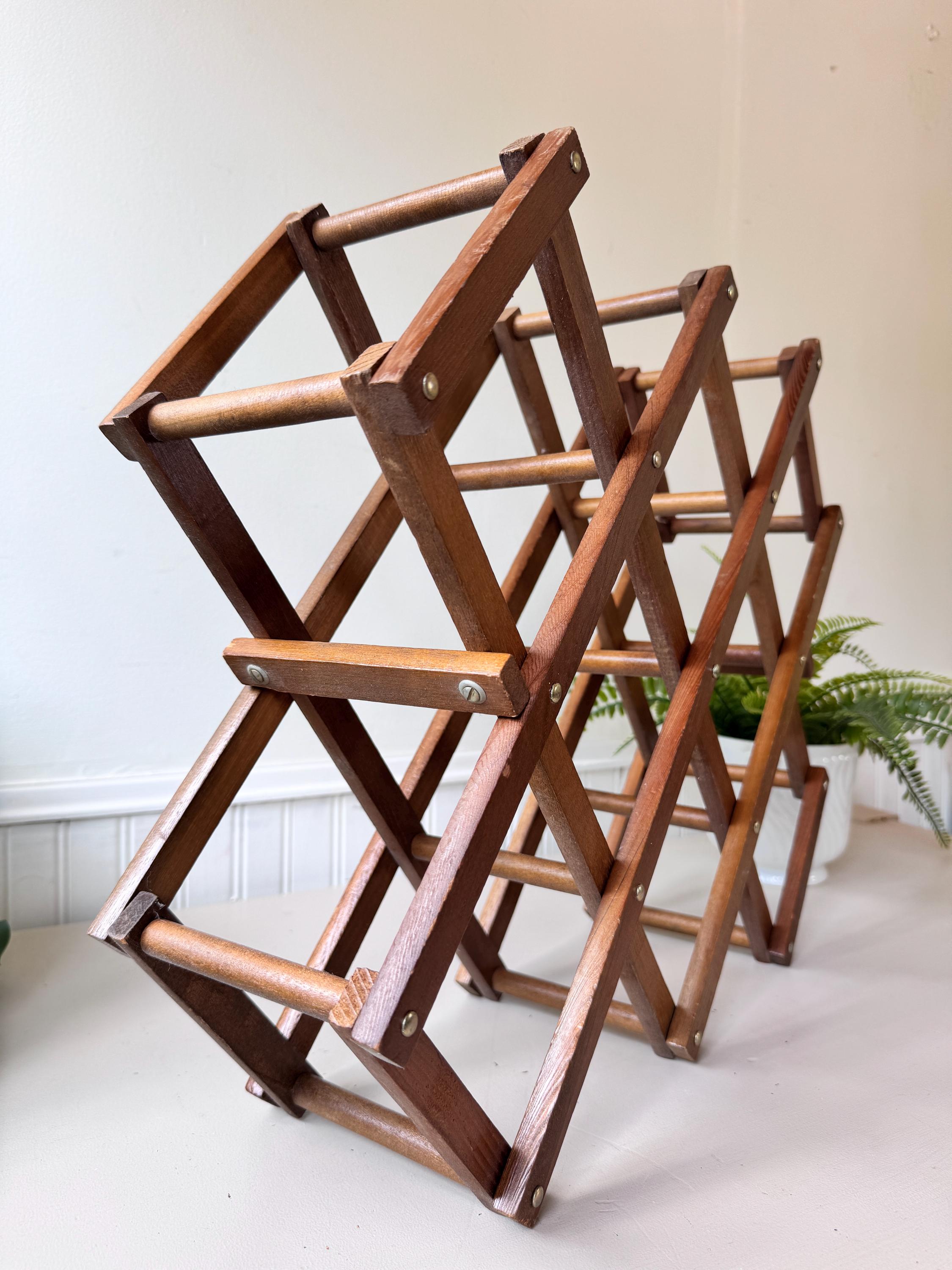 Vintage 1970s Wooden Expandable Wine Rack, MCM Mid Century Folding