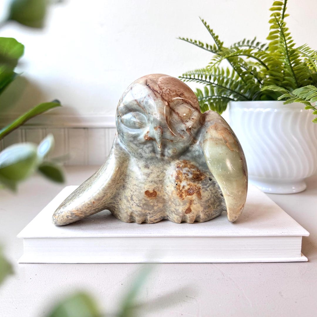 Vintage 1970s Hand Carved Soapstone Owl Sculpture, MCM Mid Century