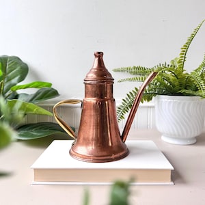 May include: A vintage copper watering can with a long spout and a brass handle. The can has a conical shape and a decorative top. It is sitting on a white book with green plants in the background.