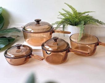コーニング・ビジョンズ アンバーガラス調理器具、1980年代ヴィンテージ ビジョンウェア 鍋4個＋蓋3個セット、アメリカ製
