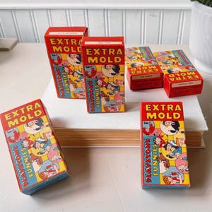 Vintage 1936 Playstone Funnies Molds in Original Boxes, Set of 6, MCM Mid Century Toy Cartoon Moulds