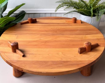 Vintage 1960s Danish Modern Footed Serving Tray by Nissen Denmark, MCM Mid Century Teak or Beech Wood Riser, Scandinavian Hostess Decor
