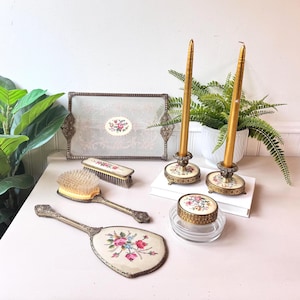 Vintage 1940s Regent of London Vanity Set of 8, MCM Mid-Century Petit Point Ormolu Dresser Set with Lace Tray, Jar, Brushes, Easel