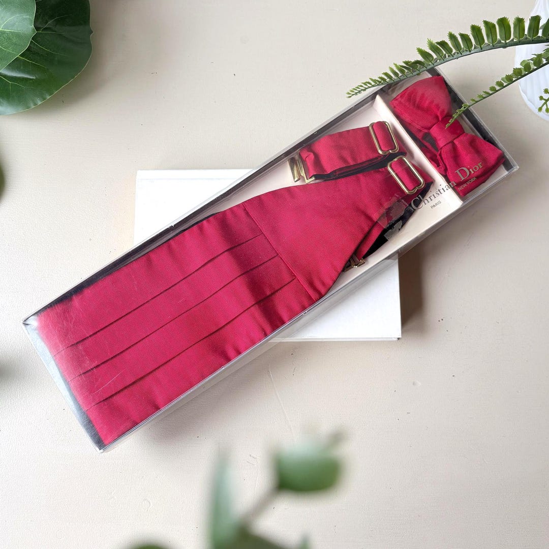 Christian Dior Italian Woven Cummerbund Set, Vintage 1980s Red Bow