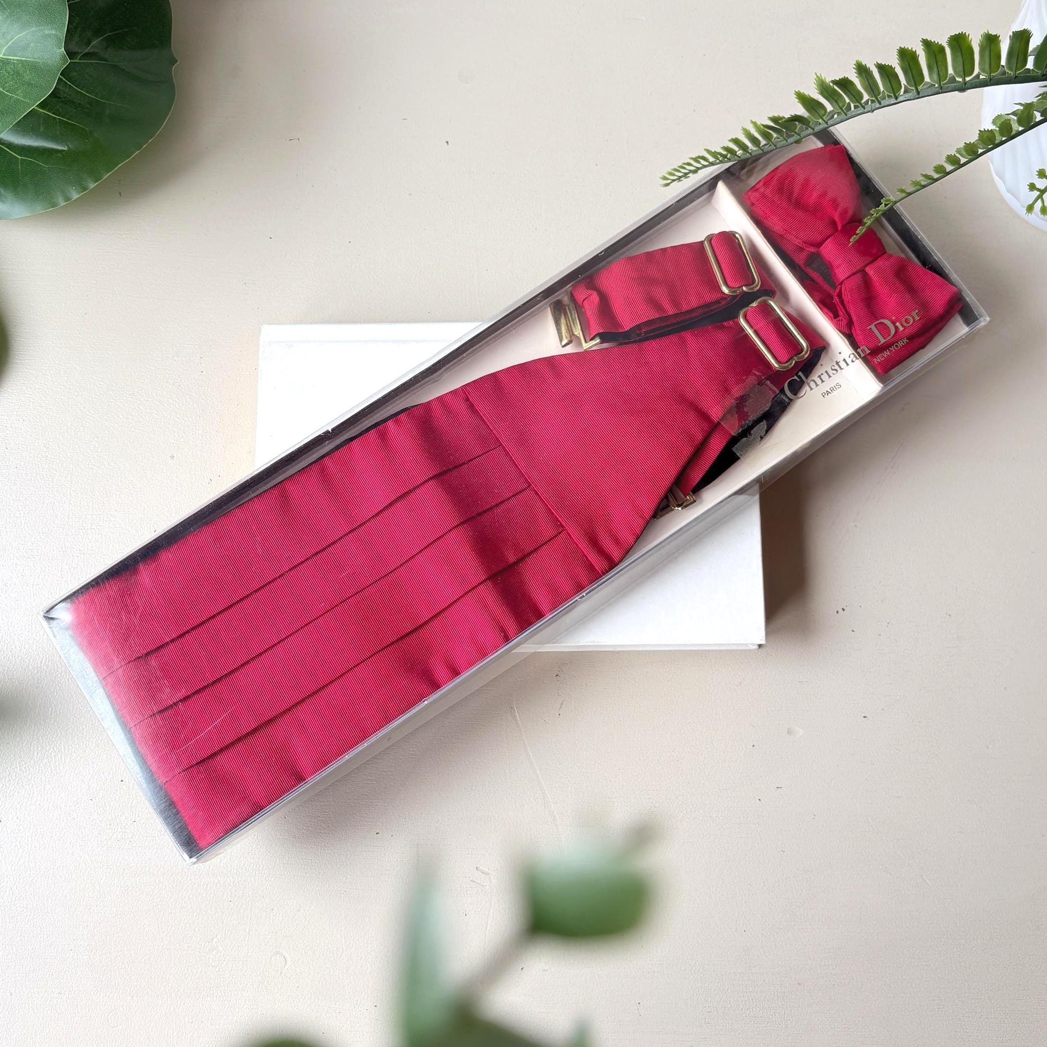 Christian Dior Italian Woven Cummerbund Set, Vintage 1980s Red Bow