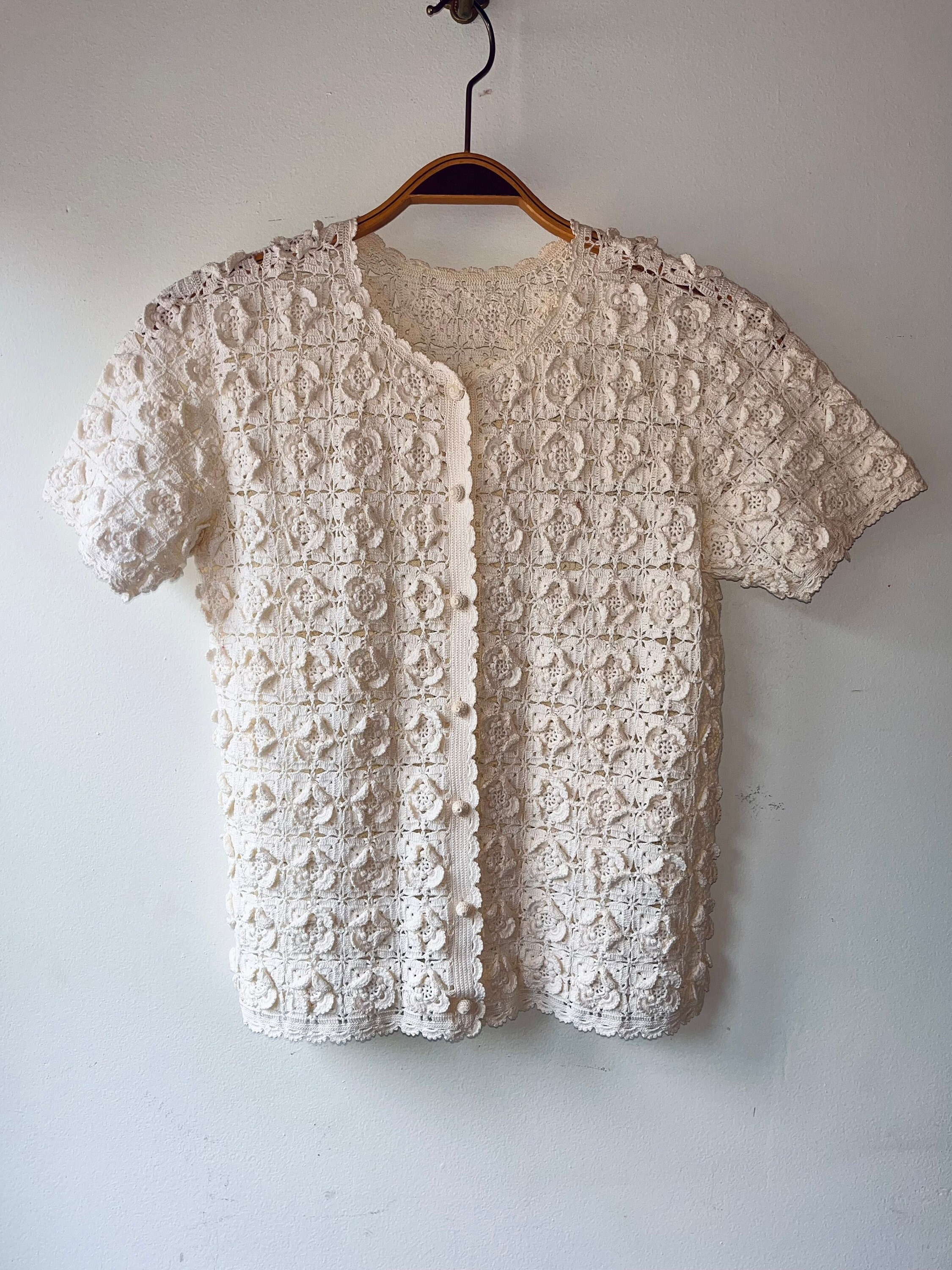 Vintage 1970's Handmade Crochet Button-down Short Sleeve Top Unique Floral  Boho Blouse Size S/M 