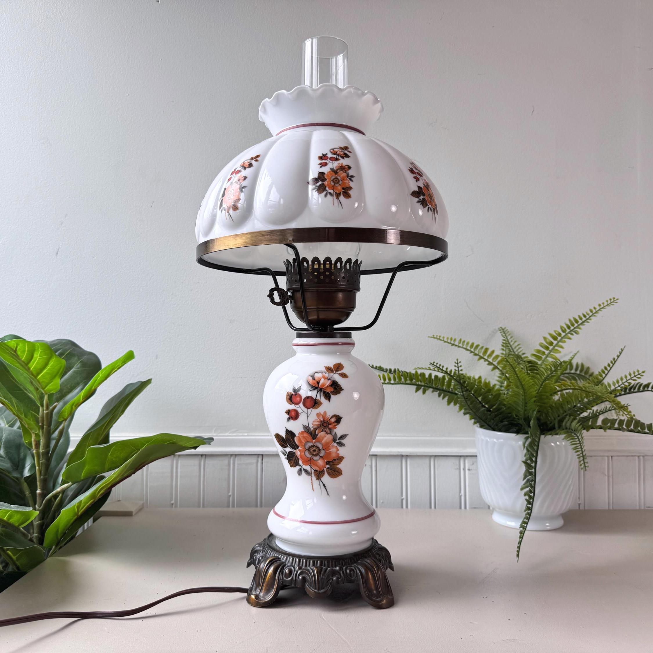 Vintage 1970s Floral Hurricane Table Lamp, 3-piece Glass With