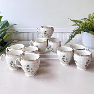 Vintage 1950s Bernadotte Czechoslovakia &quot;Blossom&quot; Mugs, Set of 11, MCM Mid Century Porcelain Tea Cups with Gold Trim, Floral Motif