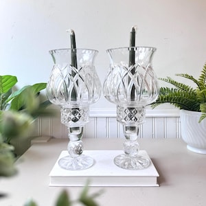 Vintage 1980s Polish Lead Cut Crystal Hurricane Candlestick Holders, Pair – 11&quot; Tall, MCM Mid Century Julia Pattern Glass Candle Holders