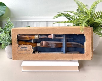 Sheffield England Carving Set of 3, Vintage 1960s MCM Mid Century Bakelite Stainless Serving Utensils