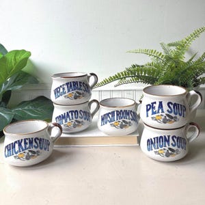 May include: A set of five white ceramic soup bowls with brown rims and handles. Each bowl features blue text identifying a specific soup flavor: Chicken, Vegetable, Tomato, Mushroom, Pea, and Onion, accompanied by small illustrations of vegetables.