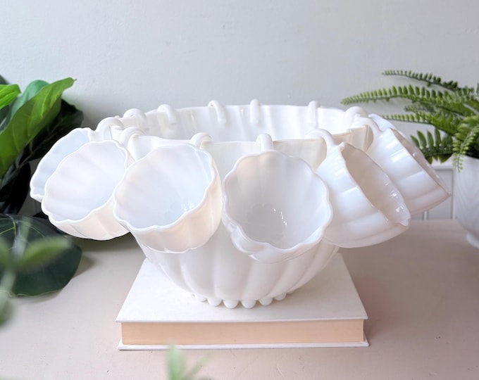 Vintage Hazel Atlas Milk Glass Christmas Egg Nog Punch Bowl 7