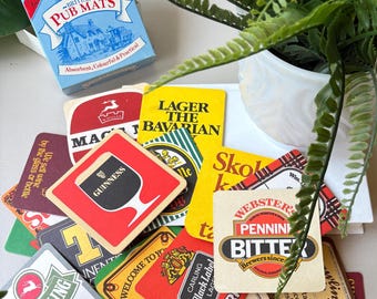 British Pub Coasters, Set of 25, Vintage 1980s Beer Mats in Original Box, Guinness Tetley Worthington Brewery Advertising