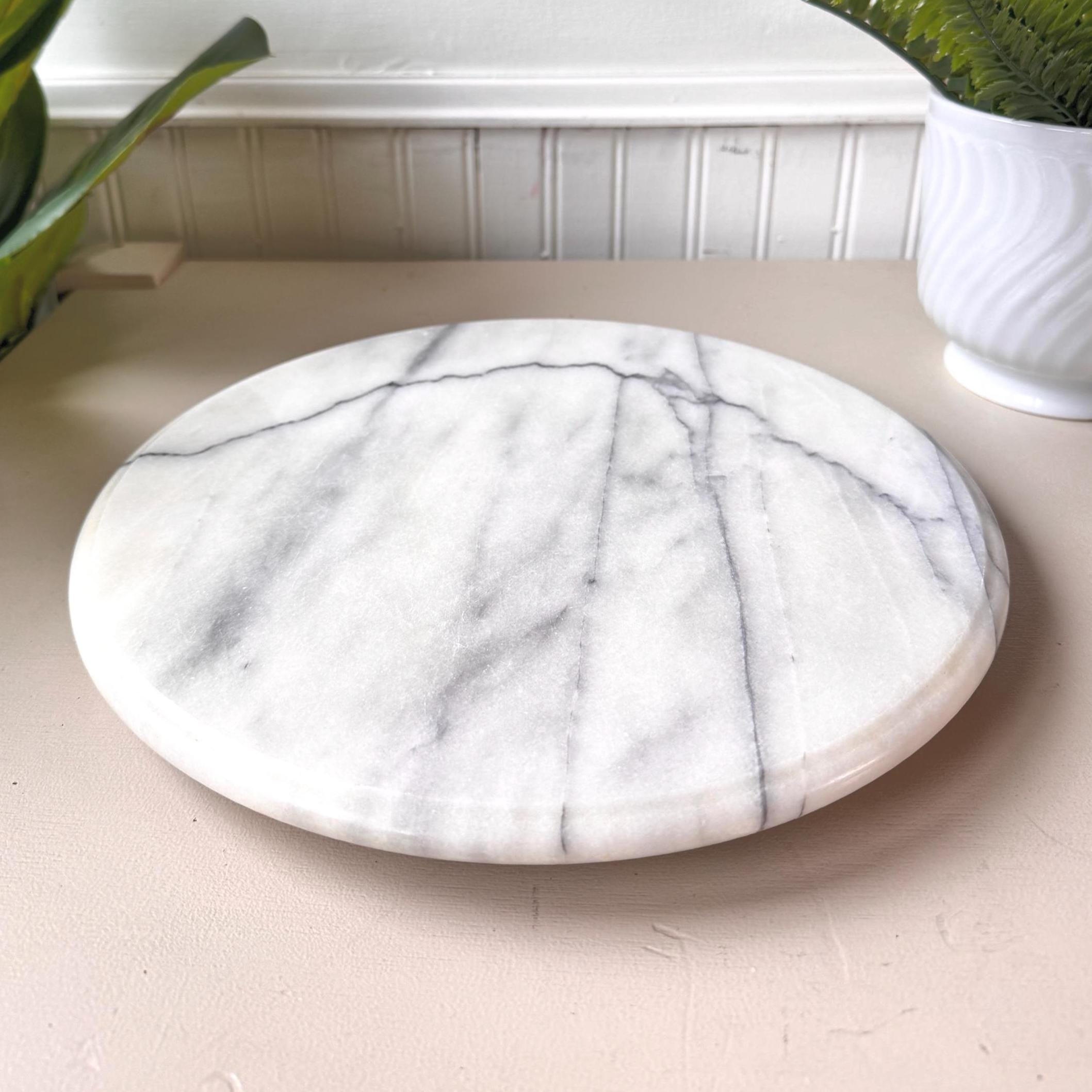 Vintage 1960s Marble Lazy Susan, 12" Round Rotating Serving Tray, MCM Mid Century Marble Swivel Base, Grey Veined Stone Turntable
