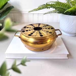 Vintage 1960s Brass Teapot Warmer with Handles, MCM Mid Century Brass Candle Warmer, Retro Tabletop Tea Accessory, Tabletop Trivet, Dining