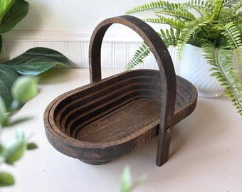 Wooden Folding Basket, Vintage 1960s MCM Mid Century Accordion Expandable Wood Decor, Hand Crafted