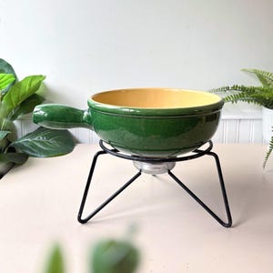 Landert 24 Swiss Cheese Fondue Pot, Vintage 1960s MCM Mid Century Green Ceramic Caquelon with Stand, Signed