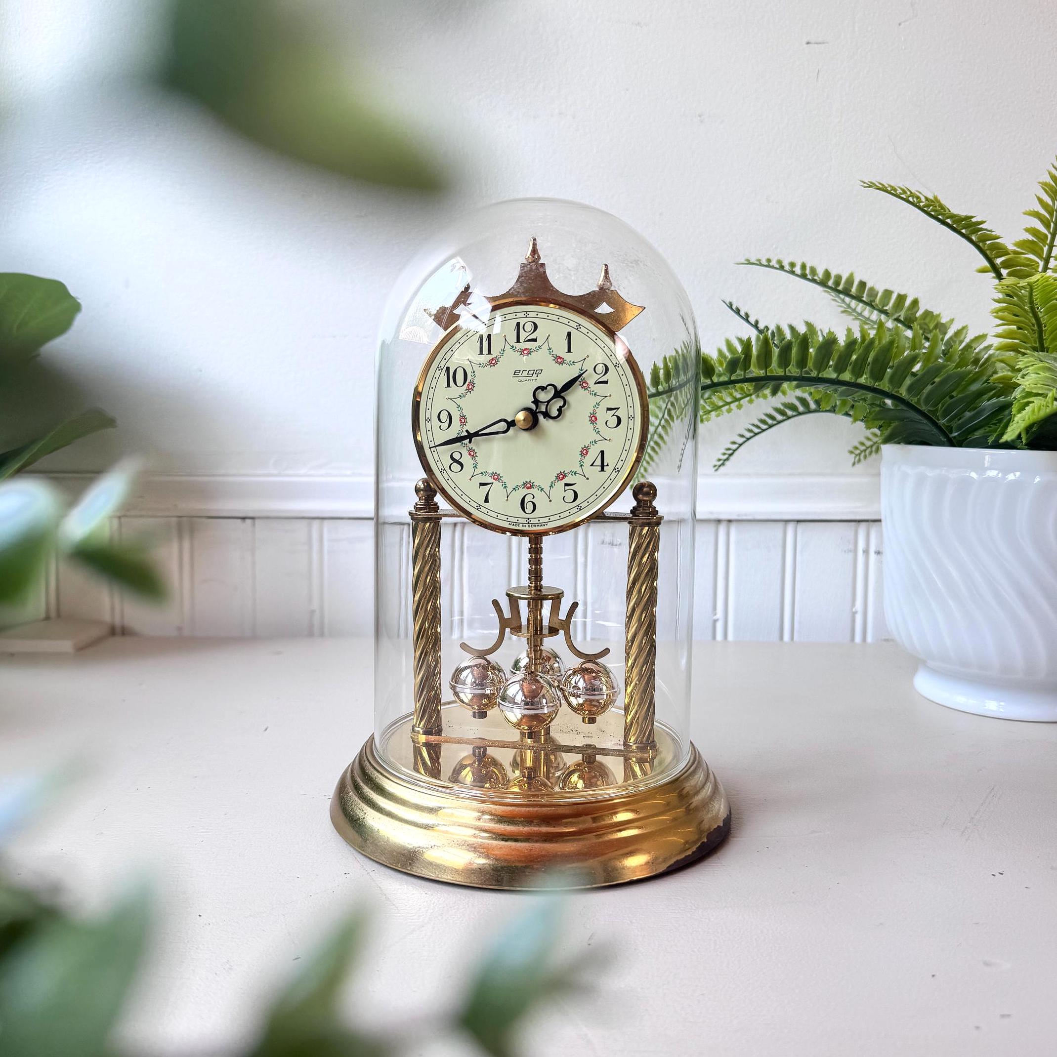 Vintage 1980s Ergo Quartz Anniversary Clock With Glass Dome, Made