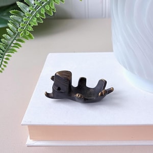 May include: A small, bronze-colored figurine of a stylized animal, possibly a dog or bear, lying on its back. The figurine has a smooth, polished finish and is resting on a white book. The background includes a green plant and a white vase.