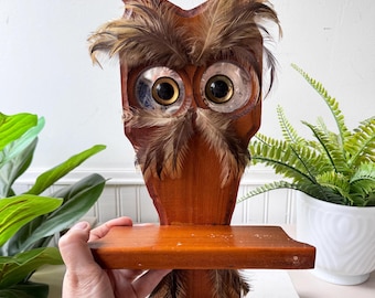 Vintage 1970s Owl Shelf Wall Hanging With Feathers, MCM Mid