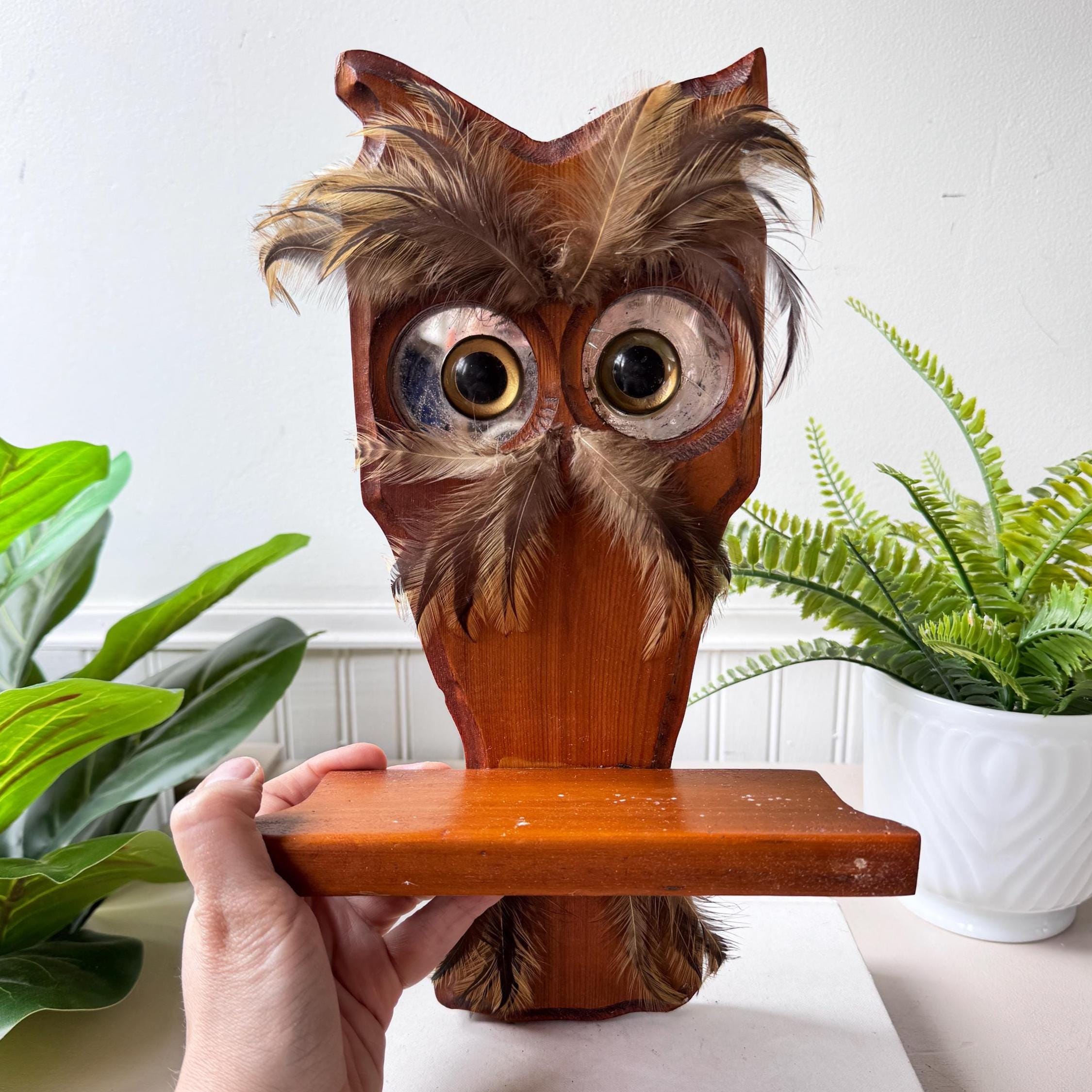Vintage 1970s Owl Shelf Wall Hanging With Feathers, MCM Mid