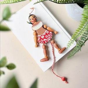 Austrian Wood Pull-String Doll, Vintage 1960s Hand-Painted Folk Art Dancing Puppet, Marked Austria