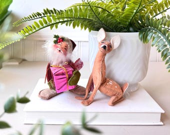 Vintage 1996 Annalee Santa with Gift & Felt Deer Set of 2, Holiday Christmas Display Figurines, USA