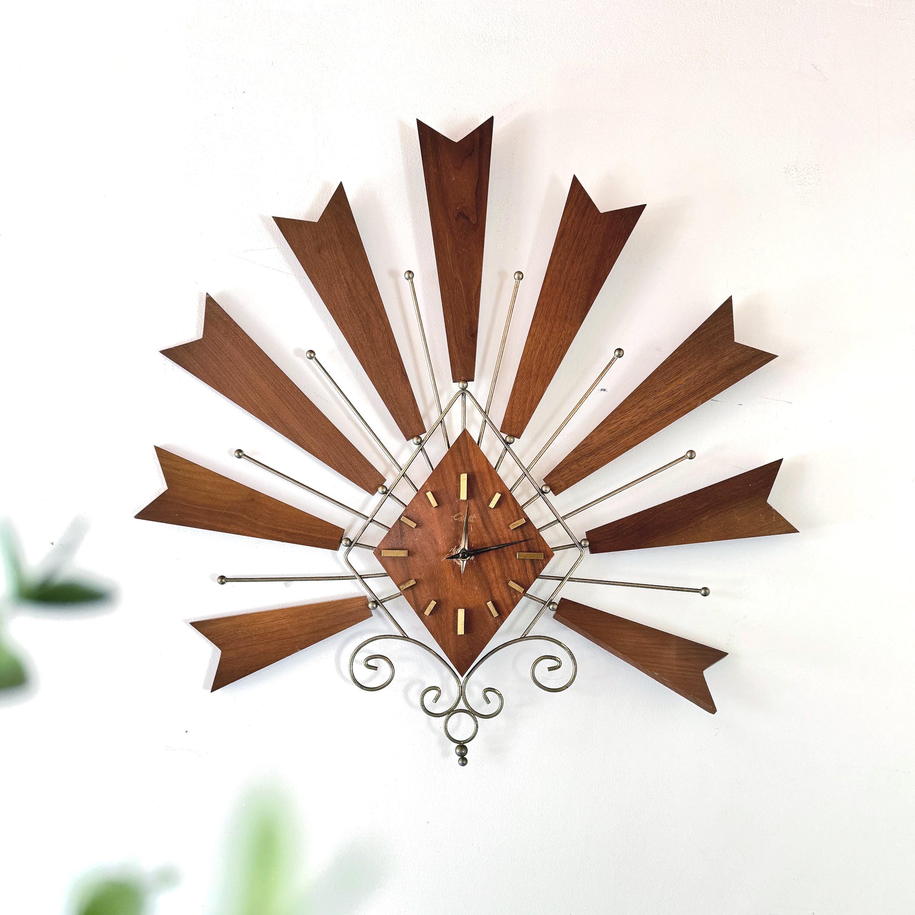 Vintage 1960s Girotti Teak Sunburst Wall Clock, MCM Mid Century