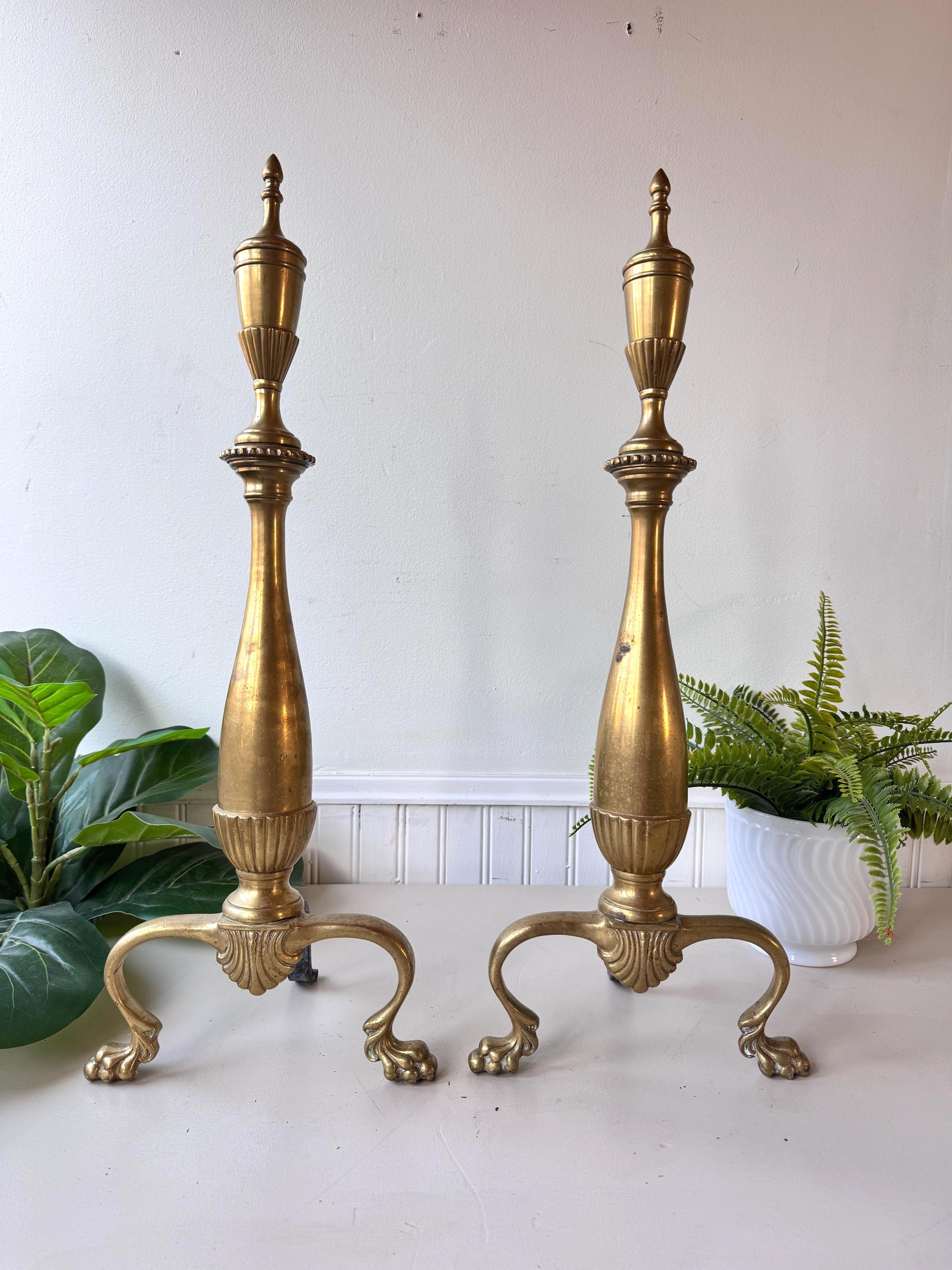 Vintage 1960s Federal Revival Solid Brass Pair of Andirons, MCM