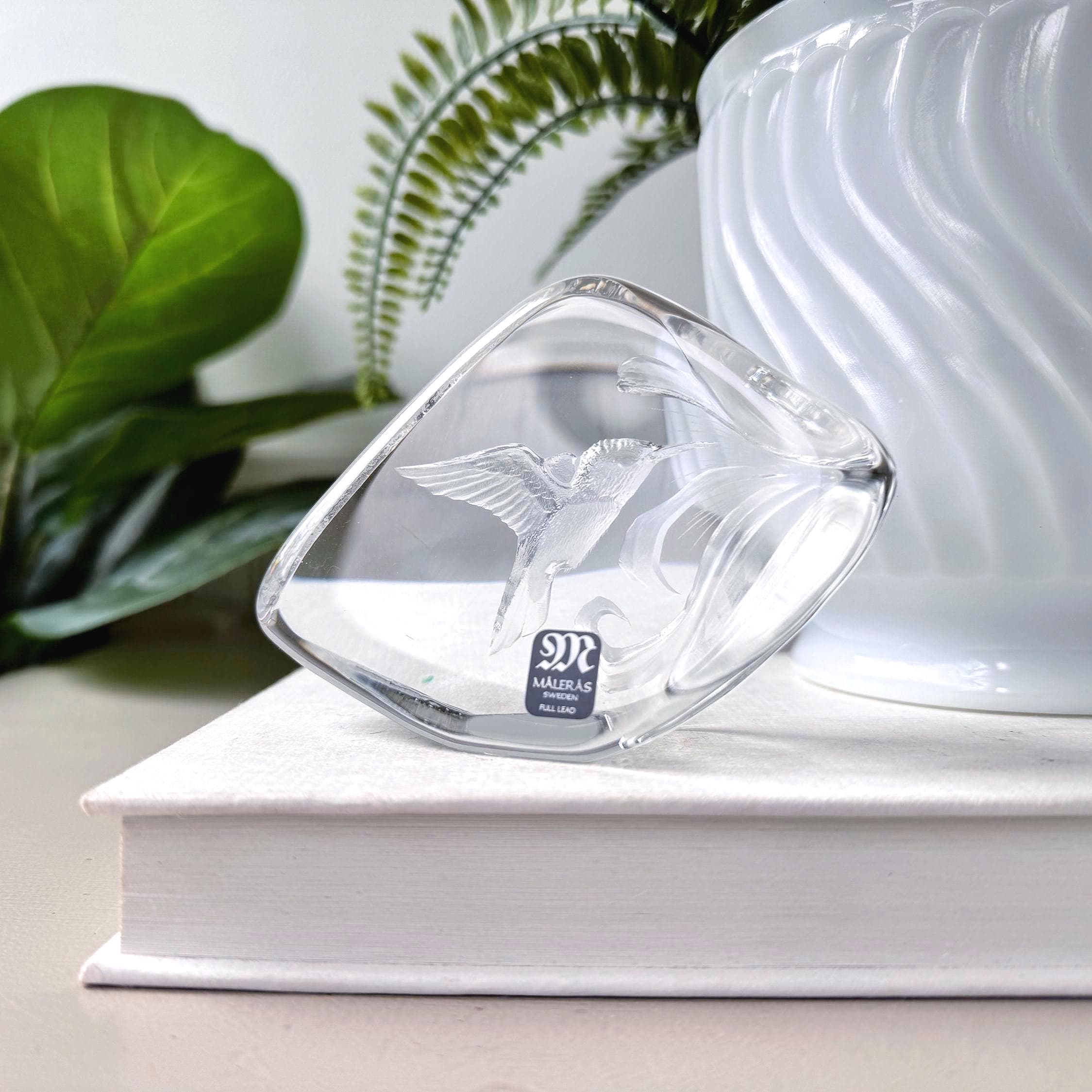 Vintage 1970s Målerås Hummingbird Lead Crystal Paperweight, MCM