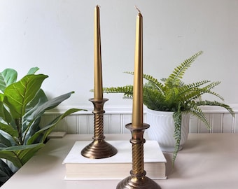 Vintage 1970s Brass Taper Candle Holders, Set of 2, MCM Mid Century Twisted Column Ribbed Base, Solid Brass Candlesticks,  Boho Decor, India