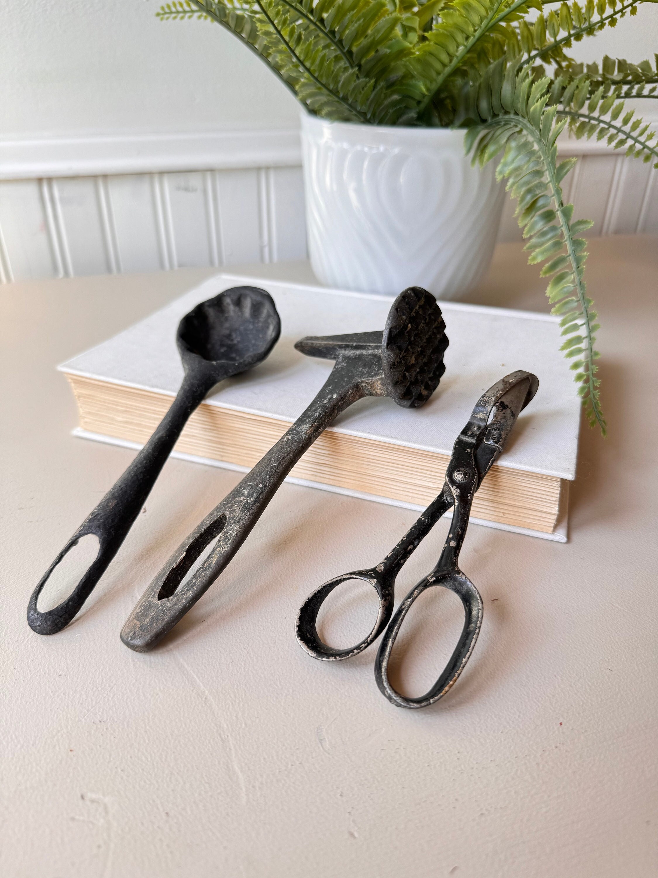 Vintage 1900s Primitive Kitchen Tools, Set of 3, Cast Iron Spoon