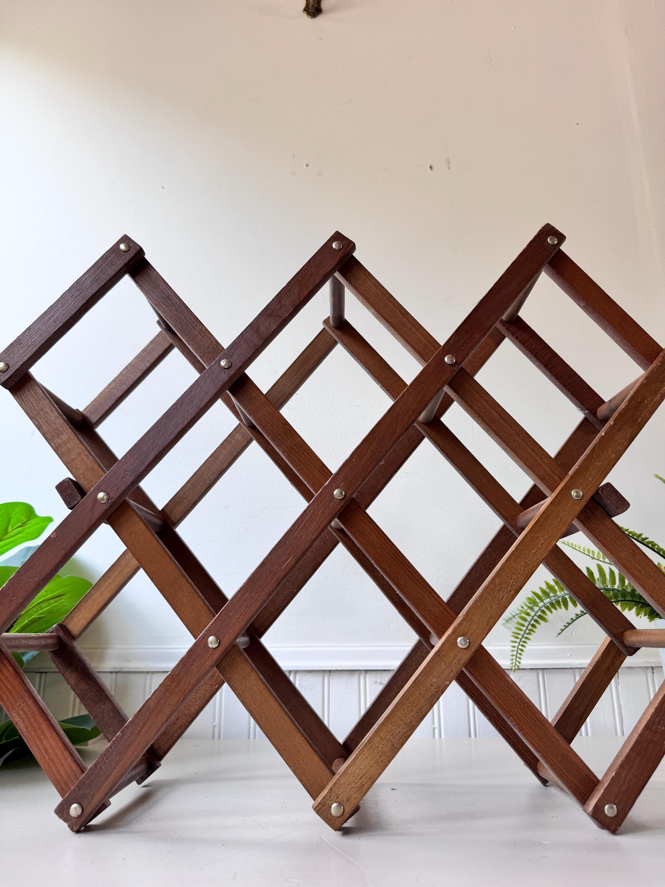 Vintage 1970s Wooden Expandable Wine Rack, MCM Mid Century Folding 