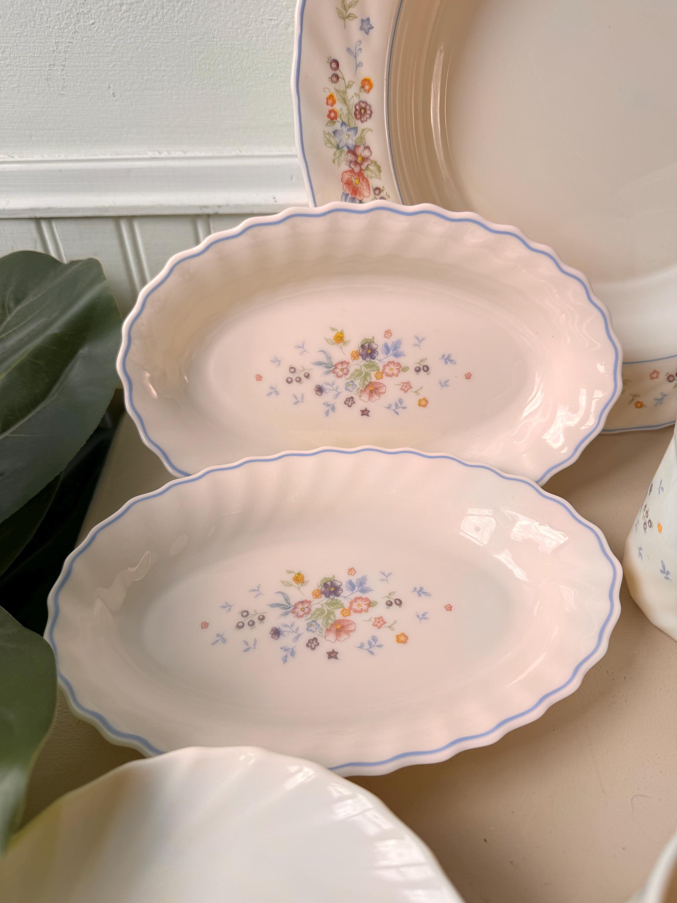 Vintage Arcopal France Milk Glass Dinnerware Set, Floral Victoria